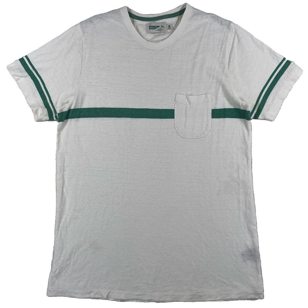 Wellen Surf Stripe Shirt Men's Large White Green Hemp Cotton Single Pocket